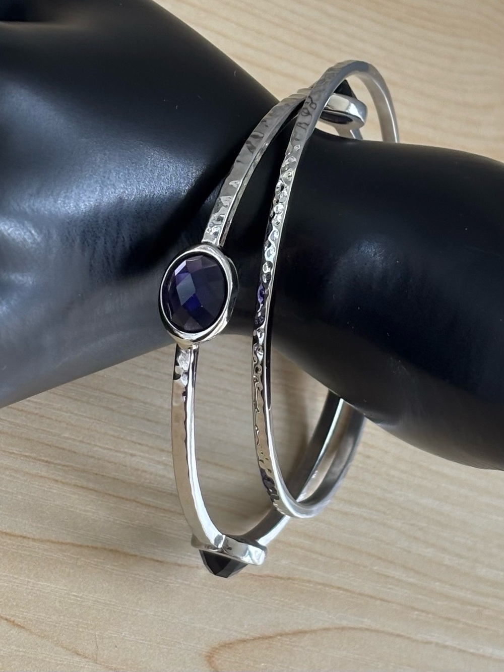 Purple Austrian Crystal Stainless Steel Hammered Bangle Bracelet Set